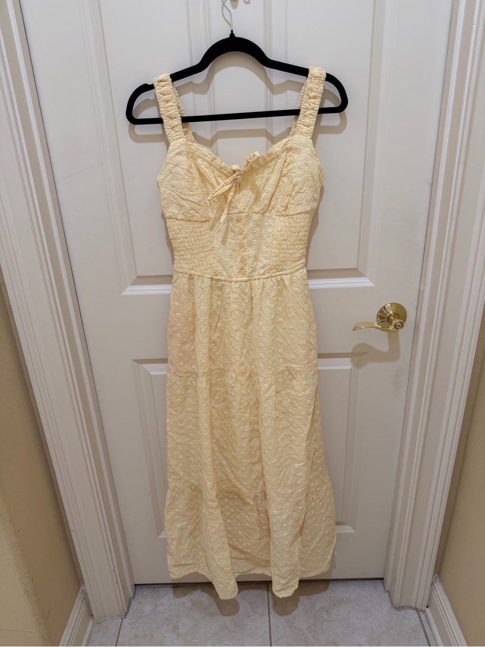 Sunlit Eyelet Midi Dress in Pale Yellow